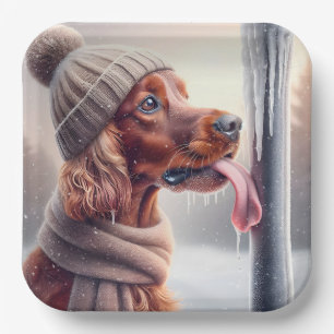 Irish Setter Hund leckt einen gefrorenen Pole Pappteller