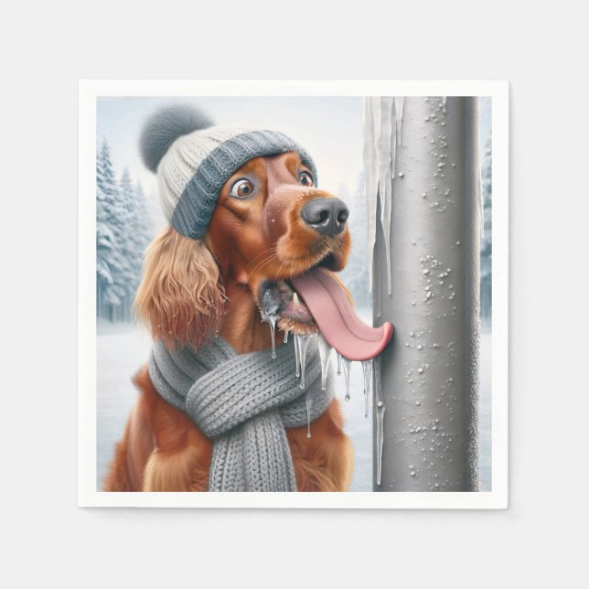 Irish Setter Hund leckt einen gefrorenen Pole Serviette (Vorderseite)