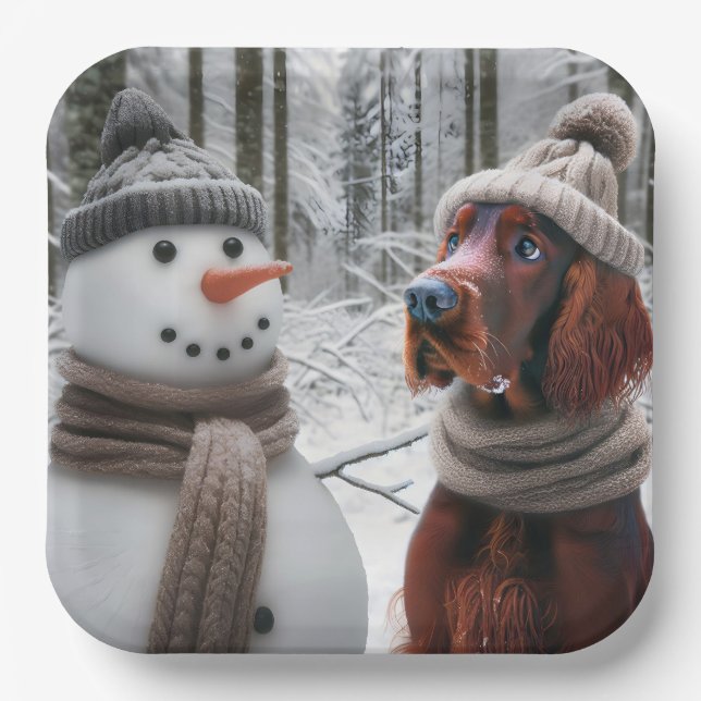 Irish Setter Hund mit einem Schneemann Pappteller (Vorderseite)