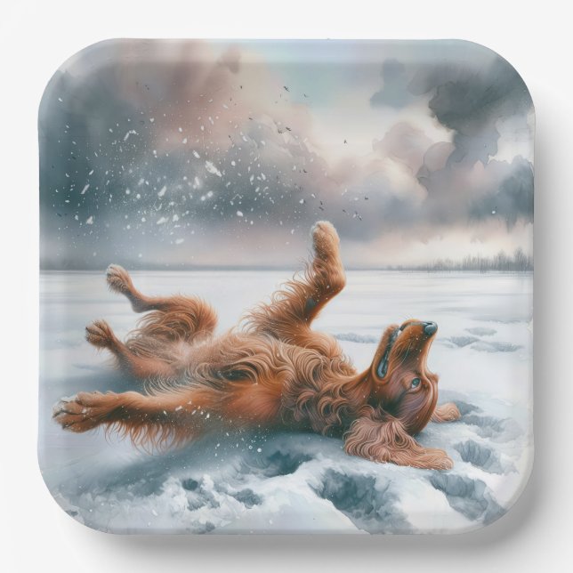 Irish Setter Rolling in Snow Pappteller (Vorderseite)
