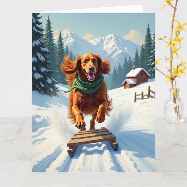 Irish Setter Schlittenfahrt-Abenteuer Weihnachtsma Karte (Gelbe Blume)