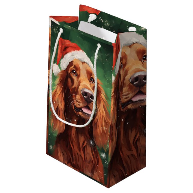 Irish Setter Weihnachtsmalerei Kunstwerk Kleine Geschenktüte (Rückseite Schrägansicht)