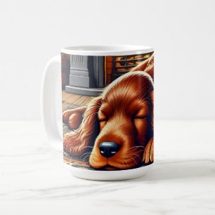 Irish Setter Welpe Schlafen durch einen warmen Kam Kaffeetasse