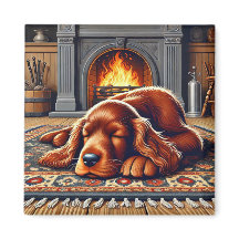 Irish Setter Welpe Schlafen durch einen warmen Kam