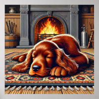 Irish Setter Welpe Schlafen durch einen warmen Kam