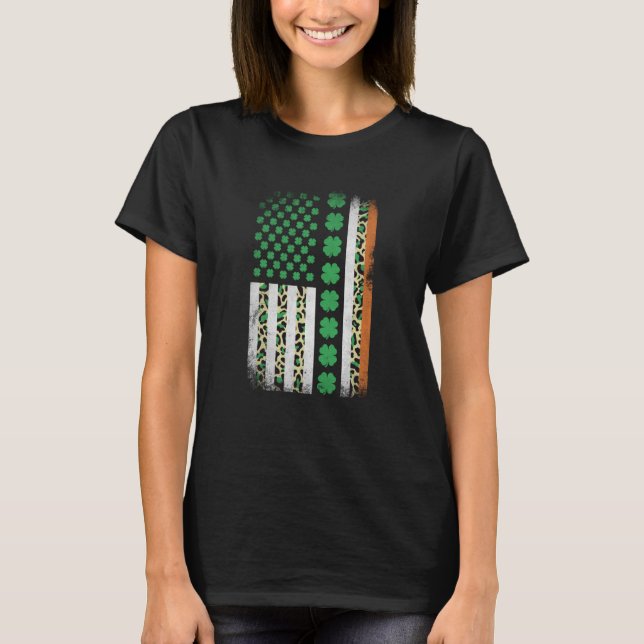 Irish Shamrock American Flag Leoopard Print St Pat T-Shirt (Vorderseite)