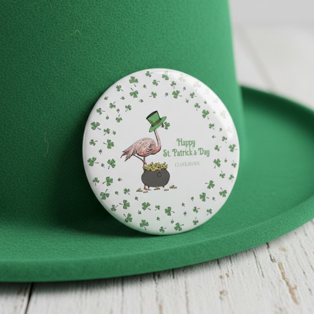 Irish Shamrock Flamingo St. Patrick’s Day Party Button (St Patrick's Day Party Pins. Funny  Irish Pink Flamingo & Green Leprechaun Hat, Shamrock Border)