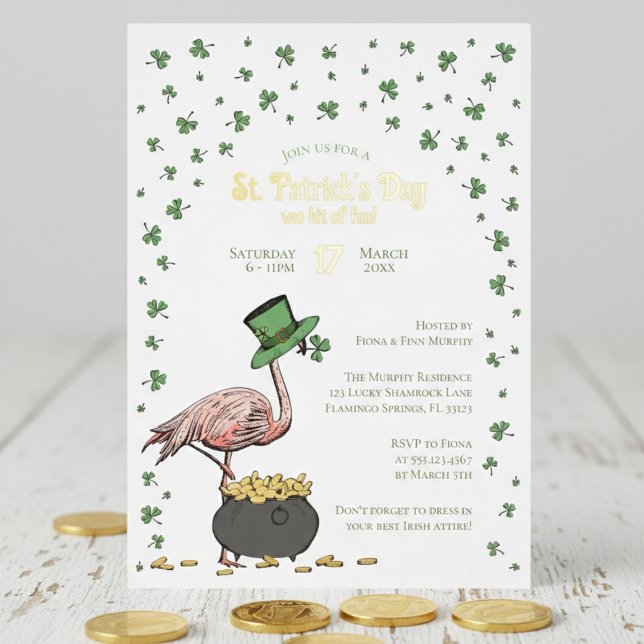 Irish Shamrock Flamingo St Patrick's Day Party Folieneinladung (Funny Irish Flamingo St Patrick's Day Party Invitations with Gold Foil. Lucky Green Shamrocks Clover)