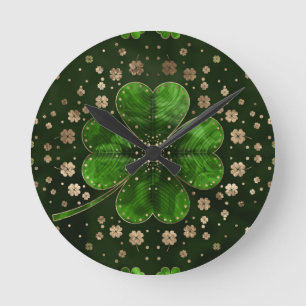 Irish Shamrock Four-leaf clover Malachite and gold Runde Wanduhr