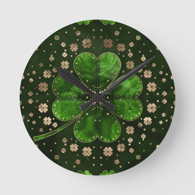 Irish Shamrock Four-leaf clover Malachite and gold Runde Wanduhr (Vorderseite)