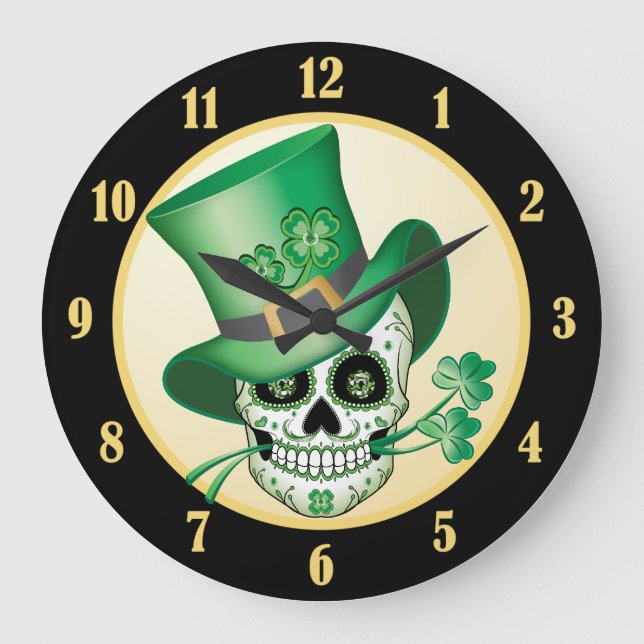 Irish Sugar Skull Große Wanduhr (Vorderseite)