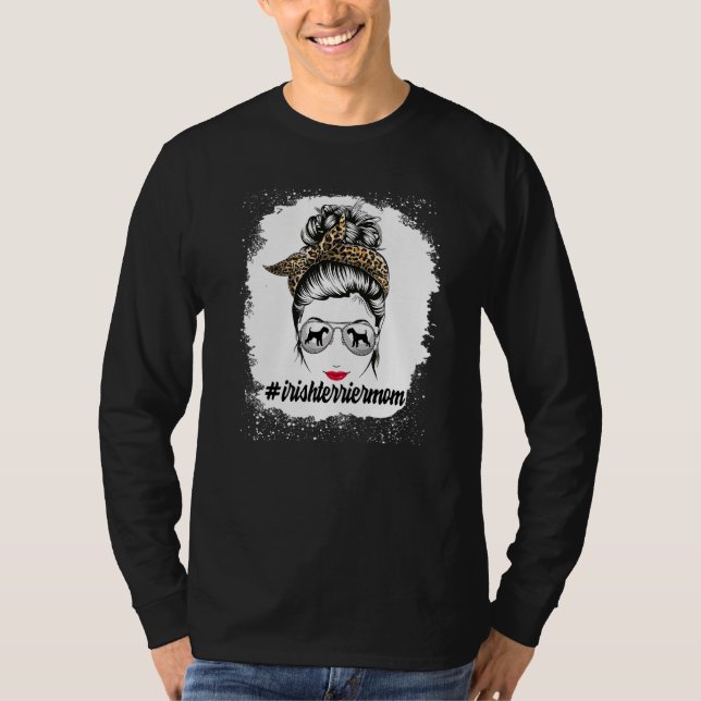 Irish Terrier Dog Mama Bleached Messy Bun Leopard  T-Shirt (Vorderseite)