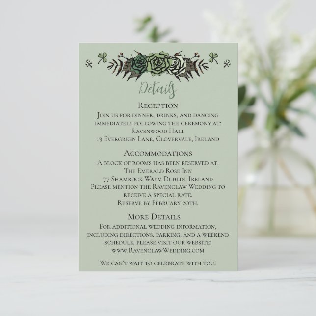 Irish Wedding Details Grüne Rose Blumenschalen Begleitkarte (Stehend Vorderseite)