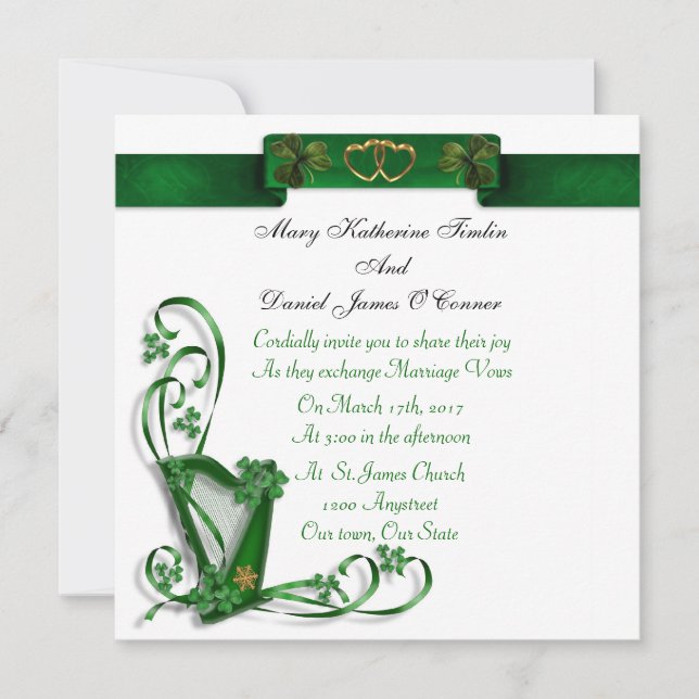 Irish Wedding Einladung Harp Kleeblätter und Band (Vorderseite)