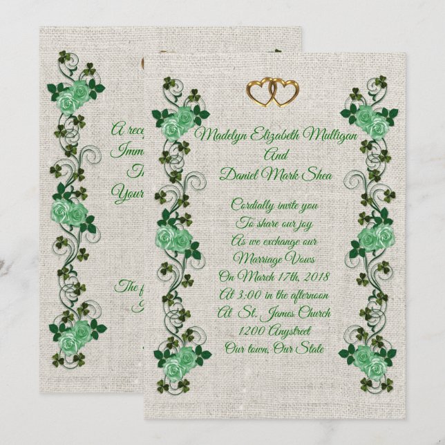 Irish Wedding Einladung Kleeblatts und grüne Rose (Vorne/Hinten)