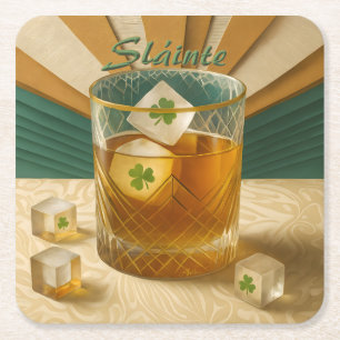 Irish Whiskey Tumbler Shamrock Eis "Sláinte!" Rechteckiger Pappuntersetzer