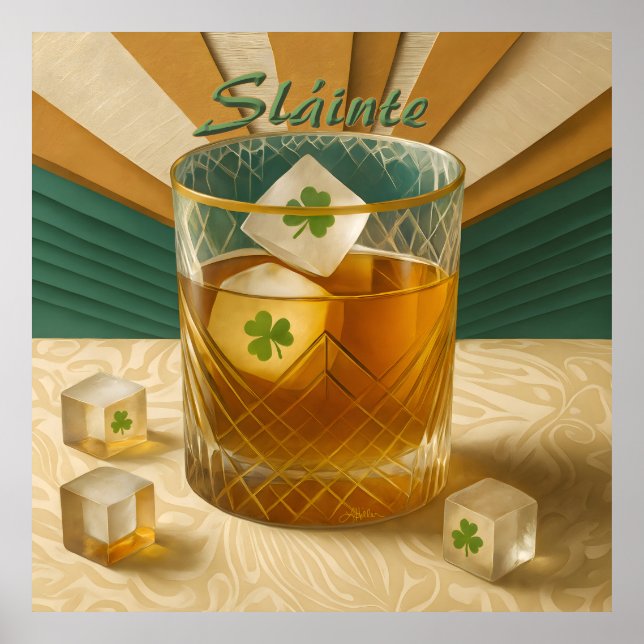 Irish Whiskey Tumbler Shamrock Ice "Sláinte!" Poster (Vorne)