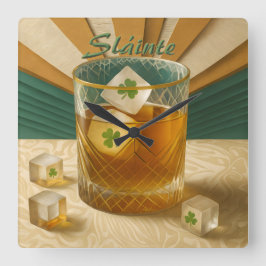 Irish Whiskey Tumbler Shamrock Ice "Sláinte!" Quadratische Wanduhr