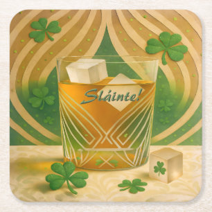 Irish Whiskey Tumbler "Sláinte!" aus Shamrocks Rechteckiger Pappuntersetzer