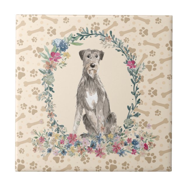 Irish Wolf Hound Dog Paw Print Floral Niedlich Bei Fliese (Vorderseite)