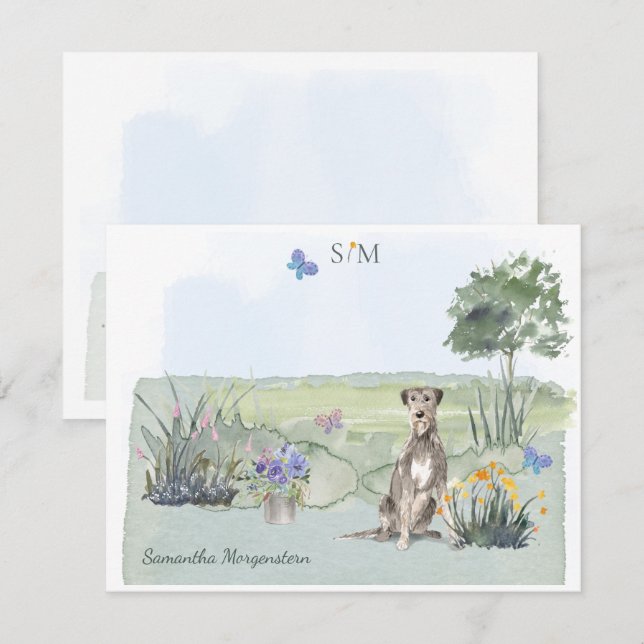 Irish Wolfhound Dog Butterfly Monogramm und Name Mitteilungskarte (Vorne/Hinten)