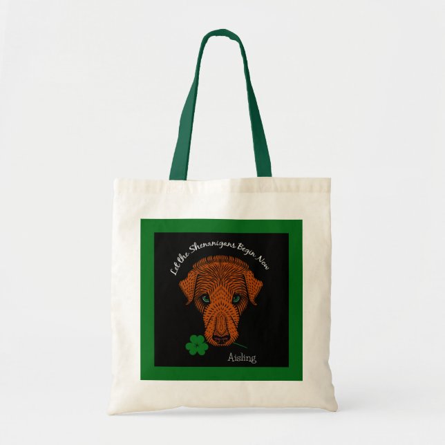 Irish Wolfhound Hund mit Kleeblatt und Ihrem Namen Tragetasche (Vorne)
