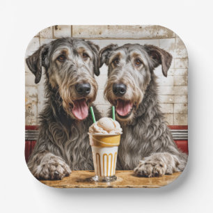 Irish Wolfhound-Hunde teilen sich einen Milchshake Pappteller