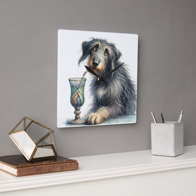 Irish Wolfhound mit Soda Quadratische Wanduhr (Büro)