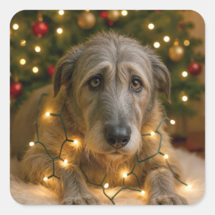 Irish Wolfhound verheddert in Weihnachtsbeleuchtun Quadratischer Aufkleber