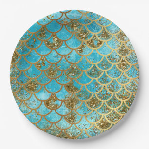Irisierende Aquamarine Gold Glitzer Meerjungfrau F Pappteller