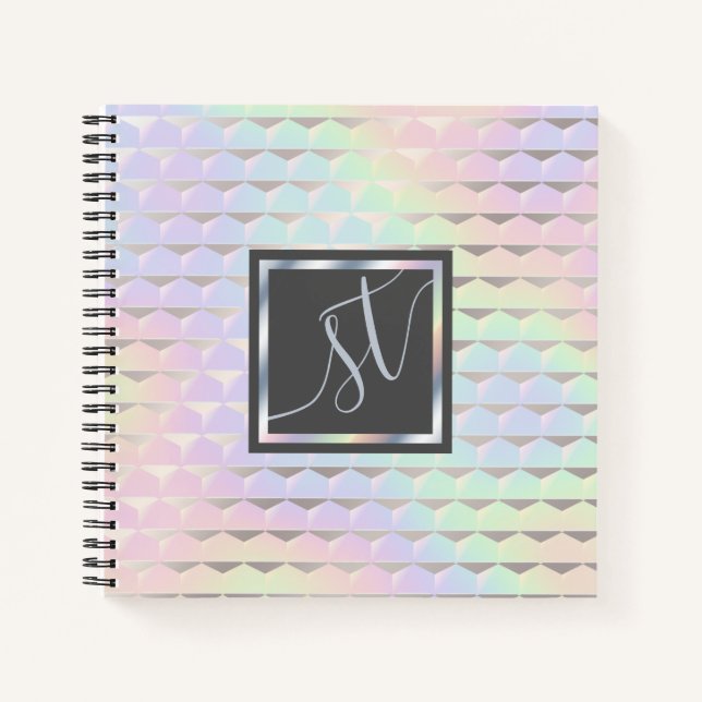 Irisierende Imitate Holografisches Muster Monogram Notizbuch (Vorderseite)