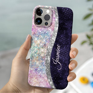 irisierende lila Imitate Glitzer Monogramm Case-Mate iPhone 14 Hülle