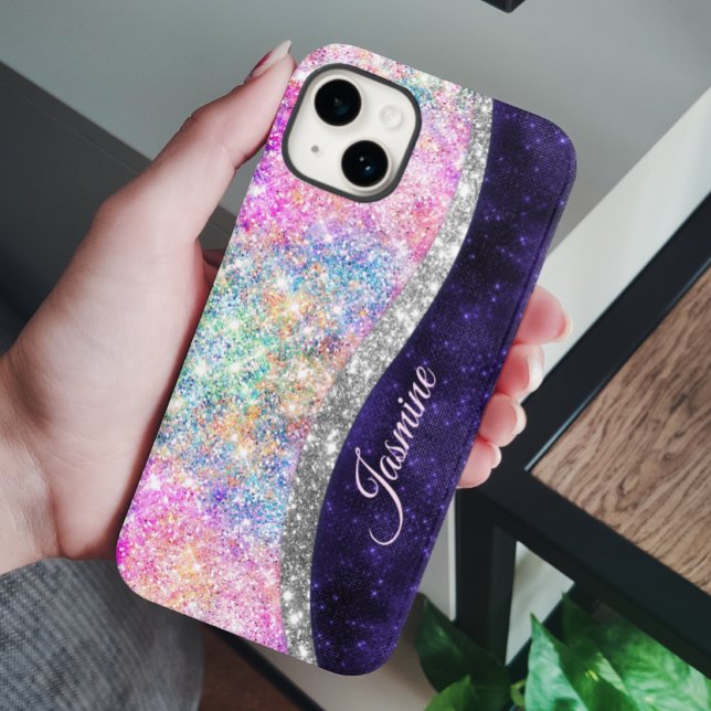 irisierende lila Imitate Glitzer Monogramm Case-Mate iPhone 14 Hülle (Von Creator hochgeladen)
