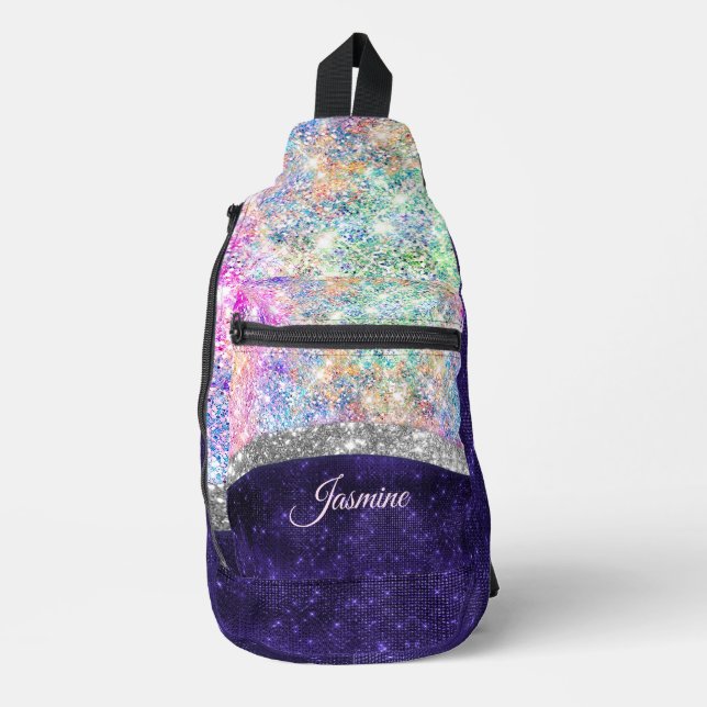 irisierende lila Imitate Glitzer Monogramm Crossbody Bag (Vorderseite)