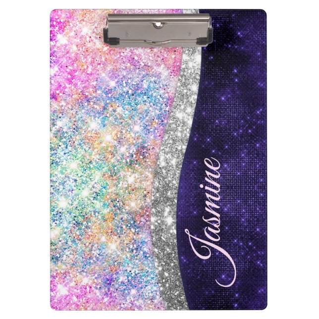 irisierende lila Imitate Glitzer Monogramm Klemmbrett (Vorderseite)