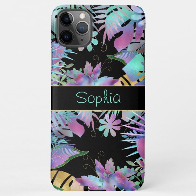 Irisierende tropische Blätter, Aquamariner Name, s iPhone Hülle (Rückseite)