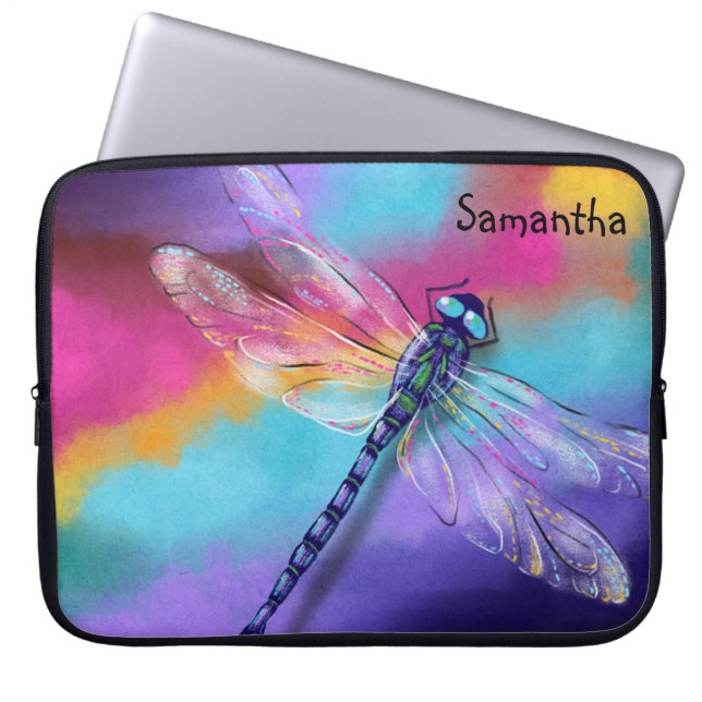 Irisierender Dragonfly Aquarellenbogen mit Namen Laptopschutzhülle (Vorderseite)
