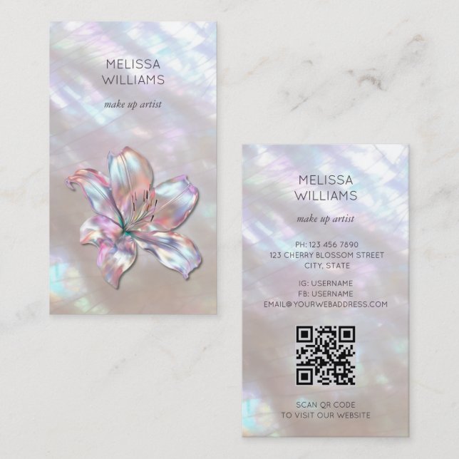 Irisierender holografischer  Lily-QR-Code Visitenkarte (Vorne/Hinten)