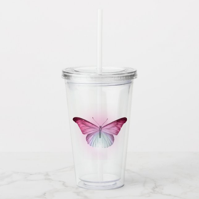 Irisierender rosafarbener Schmetterling Acryltrinkbecher (Vorderseite)