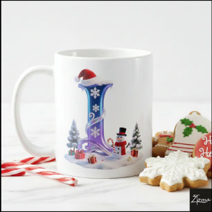 Irisierender Weihnachtsbuchstabe L mit Schneemann Kaffeetasse