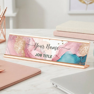 Irisierendes Aquarell-Roségold Schreibtischnamensplakette