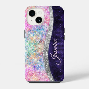 irisierendes lila silbernes falsches Glitter Monog iPhone 14 Hülle