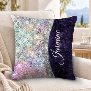irisierendes lila silbernes falsches Glitter-Monog Kissen