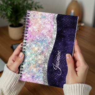irisierendes lila silbernes falsches Glitter Monog Notizbuch