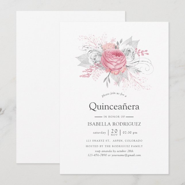 Irisierendes Silber und rosa, florales Quinceañera Einladung (Vorne/Hinten)