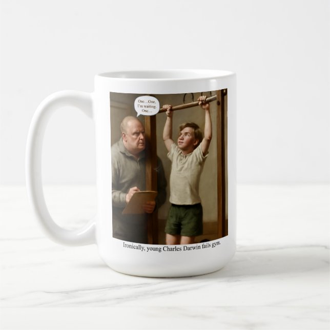 Ironically, young Charles Darwin fails gym. Kaffeetasse (Links)
