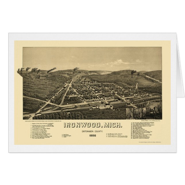 Ironwood, panoramische Karte MI - 1886 (Vorderseite (Horizontal))