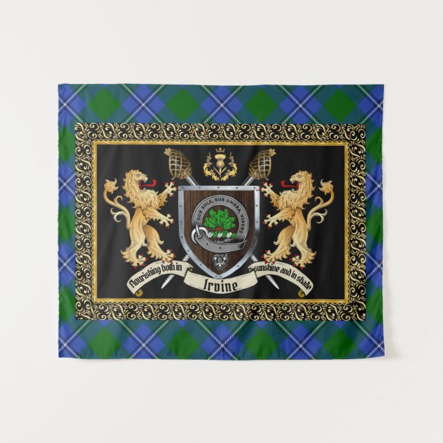 Irvine Clan Abzeichen & Motto w/Lions Wandteppich (Vorderseite (Horizontal))