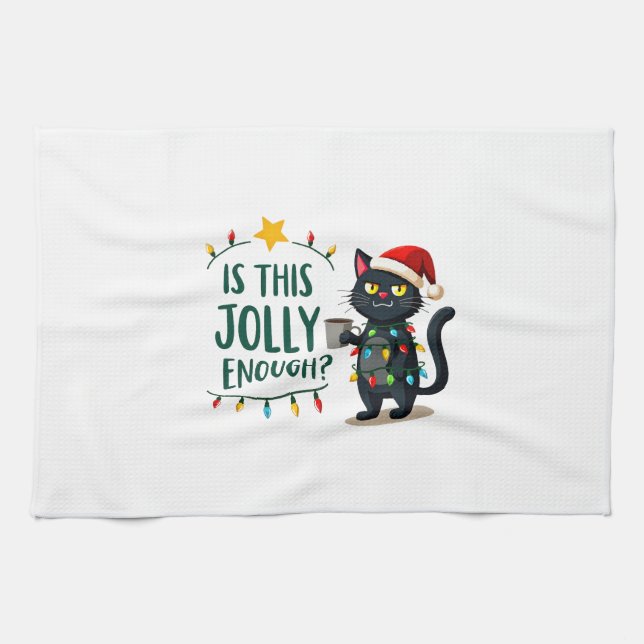 Is This Jolly Enough Black Cat Merry Christmas Tre Geschirrtuch (Horizontal)