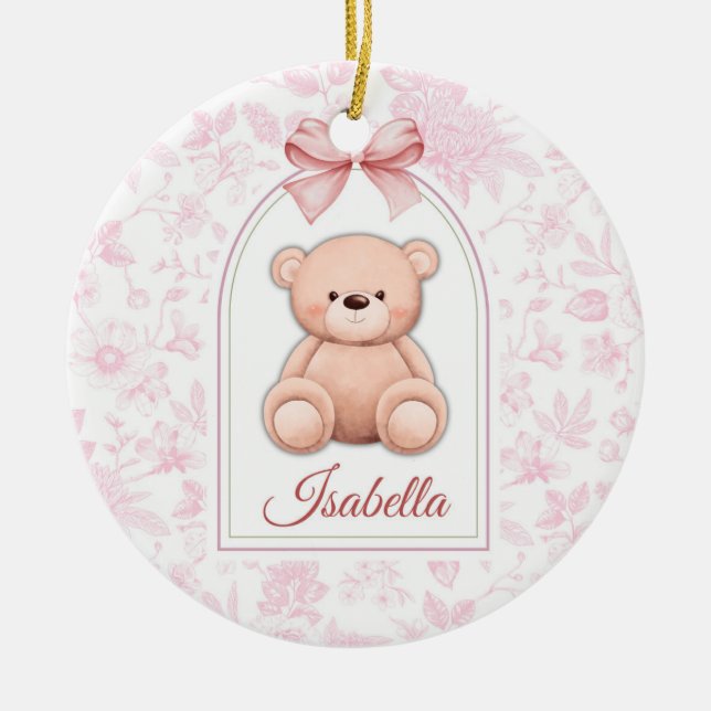 Isabella | Benutzerdefiniertes rosa Teddy-Bär-Kind Keramik Ornament (Vorne)